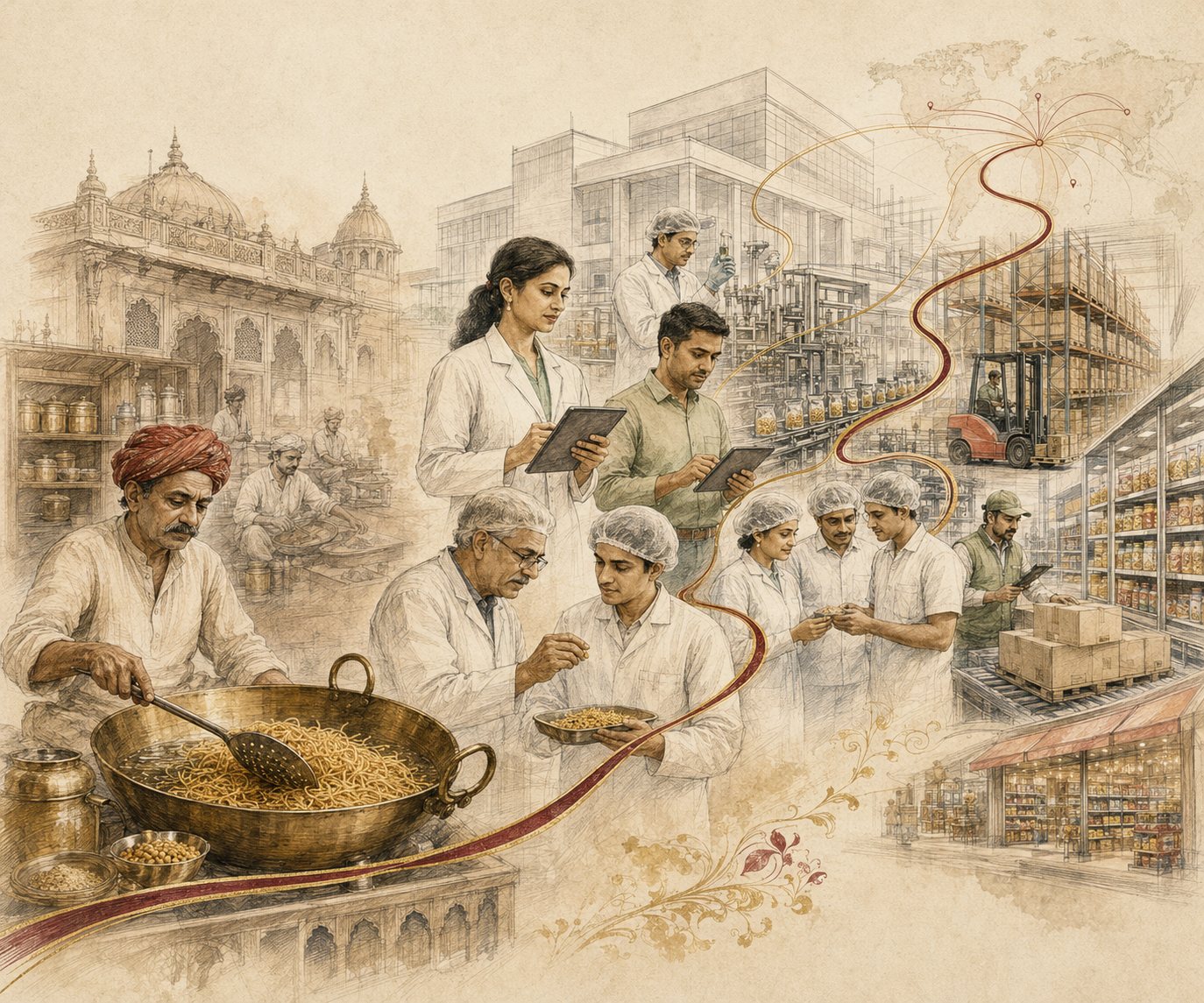 Hand-drawn illustration tracing Haldiram's journey — a family kitchen frying bhujia, in-house R&D and quality laboratories, automated warehousing, and global retail shelves